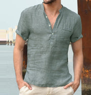 Gay Men's Muscle Fit Casual Linen Solid Color Shirt Button V Neck Beach Shirt Men Summer Tops