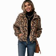 Leopard Print Lapel Zip Fur Jacket Long Sleeve Plush Sweater Jacket