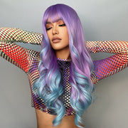 Cosplay Colored Wig With Long Curly Bangs And Purple Gradient Blue Hair