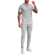 V Neck Casual Lapel Shirt Men's Short Sleeve Pants Suit (top and bottom)