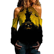 Halloween Off Shoulder Printed Top Womens Casual Loose Stitching Long Sleeved T Shirt