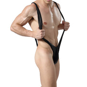 Men's One Piece V-Sling Leather Swimsuit Bodysuit