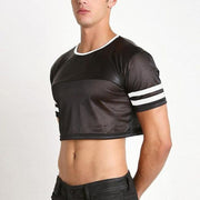 Men's Leather Mesh Panel High Waist Half T-Shirt