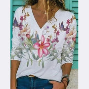 TN Women's Floral Printing Long Sleeve Deep V Loose-fit T-shirt