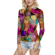 Rainbow Woman's See Through Mesh Long Sleeve Shirt Fashion Top, Gay Pride Rainbow Mesh Long Sleeve Shirt Fashion Top