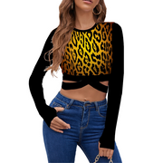 Leopard Cheetah Print Women's Strappy Long Sleeve Sports Cropped Top