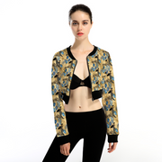 Black Pride African Print Women's Full Zipper Crop Jacket Long Sleeve Round Neck Top, Black Panther Print