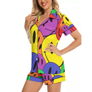 Smiley Face Women's Imitation Silk Pajama Set With Short Sleeve