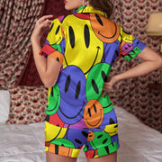 Smiley Face Women's Imitation Silk Pajama Set With Short Sleeve