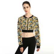 Black Pride African Print Women's Full Zipper Crop Jacket Long Sleeve Round Neck Top, Black Panther Print