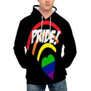 LGBTQ Gay Pride Hoodie with Gay Heart rainbow at base of hotspot in purple, blue, and yellow and then three signal bars in yellow, orange and red. Image comes from bottom right and spreads across the hoodie with white font that Says Pride across chest. This Gay Pride Hoodie comes in small, regular and plus sizes. Free shipping!