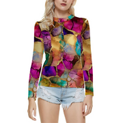 Rainbow Woman's See Through Mesh Long Sleeve Shirt Fashion Top, Gay Pride Rainbow Mesh Long Sleeve Shirt Fashion Top