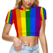 Gay Pride Rainbow Flag Crop Top, Women's  Tee Mesh Crop Top Short Sleeve T-shirt