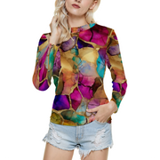 Rainbow Woman's See Through Mesh Long Sleeve Shirt Fashion Top, Gay Pride Rainbow Mesh Long Sleeve Shirt Fashion Top