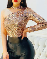 Women's Rose Gold Sequined Long Sleeved Bodysuit
