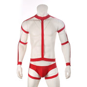 Gay Men's Harness, Tight White Lie Bondage Bodysuit Set