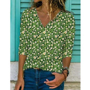 Women's Floral Printing Long Sleeve Deep V Loose-fit T-shirt