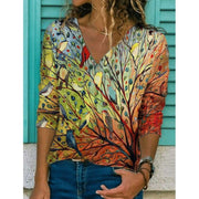 Women's Floral Printing Long Sleeve Deep V Loose-fit T-shirt