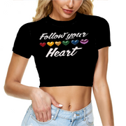 Women's Gay Pride Crop t-shirt, Gay pride women' t-shirt, Follow your Heart Print Sheer Tee Mesh Crop Top Short Sleeve T-shirt