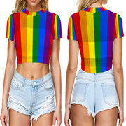 Gay Pride Rainbow Flag Crop Top, Women's  Tee Mesh Crop Top Short Sleeve T-shirt