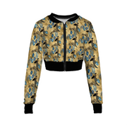 African Print Women's Full Zipper Crop Jacket Long Sleeve Round Neck Top, Black Panther Print