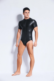 Black Patent Leather Fetish Zip Bodysuit Sexy Men's Bodysuit Costume Sex Play - Show Your Gay Pride