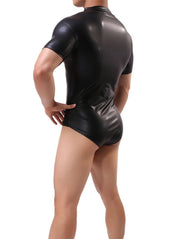 Black Patent Leather Fetish Zip Bodysuit Sexy Men's Bodysuit Costume Sex Play - Show Your Gay Pride