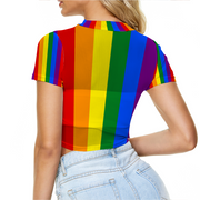 Gay Pride Rainbow Flag Crop Top, Women's  Tee Mesh Crop Top Short Sleeve T-shirt