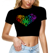 Rainbow Pride Marijuana Print Sheer Tee Mesh Crop Top Short Sleeve T-shirt